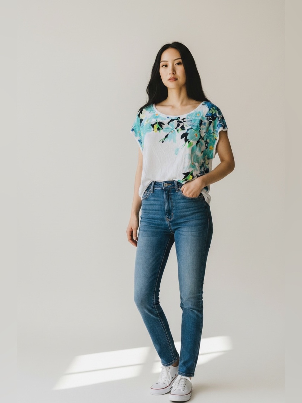 Karl Lagerfeld White Water color Floral-Print Short Sleeve Top